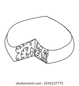 Dibujo de línea continuo del icono del día nacional de los amantes del queso. Dibujado a mano boceto lineal minimalista de rueda de queso con agujeros y una pieza cortada. Ilustración vectorial aislada en blanco