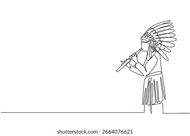 Desenho de linha contínua de um homem ameríndio vestindo um cocar de pena tocando uma flauta, simbolizando o conceito cultural para o Dia da Cidadania Indígena Americana e as tradições musicais indígenas.