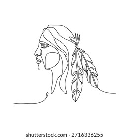 Dibujo de línea continua de una mujer nativa americana de perfil con plumas