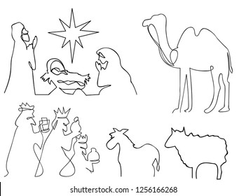 continuous line drawing of Nativity of Jesus Bible Merry christmas scene of holy family