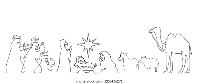 continuous line drawing Nativity Jesus Bible Merry christmas scene holy family