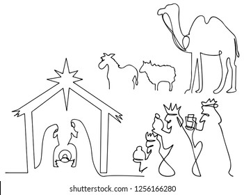 continuous line drawing of Nativity of Jesus Bible Merry christmas scene of holy family