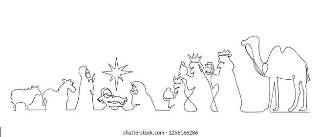 continuous line drawing of Nativity of Jesus Bible Merry christmas scene of holy family