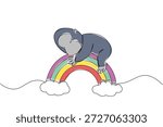 Continuous line drawing nature concept for cute wild animal theme, showing a gorilla quietly sleeping on a colorful rainbow with clouds, ideal for nursery wall art and World Gorilla Day celebration