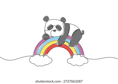 Continuous line drawing nature concept for cute wild animal theme, featuring a panda resting on a colorful rainbow with clouds, ideal for nursery prints and International Panda Day