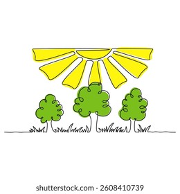 Continuous line drawing. Nature image. Trees under the sun. Simple color vector illustration.