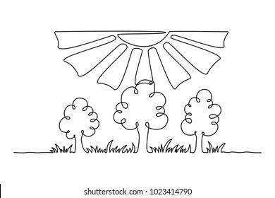 Continuous line drawing. Nature. Sun and trees. Black isolated on white background. Hand drawn vector illustration. 