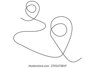 Desenho de linha contínuo do mapa de navegação com marcadores de início e destino em fundo branco.Desenho de linha contínuo mostrando a jornada do início ao destino com símbolos de localização de mapa.
