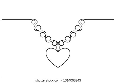 Continuous line drawing. Necklace with heart. Black isolated on white background. Hand drawn vector illustration. 