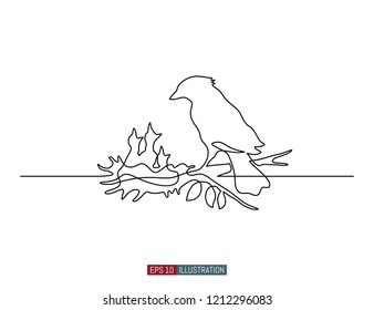 Continuous line drawing of nest and birds silhouettes. Template for your design works. Vector illustration.
