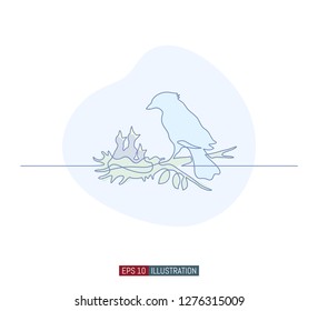 Continuous line drawing of nest and birds silhouettes. Template for your design works. Vector illustration.