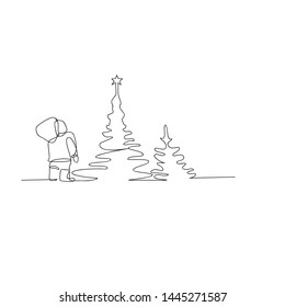 continuous line drawing of new year boy and christmas tree. isolated sketch drawing of new year boy and christmas tree line concept. outline thin stroke vector illustration