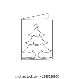 Continuous line drawing. New Year card. Postcard with a picture of a Christmas tree. Black isolated on white background. Hand drawn vector illustration. 