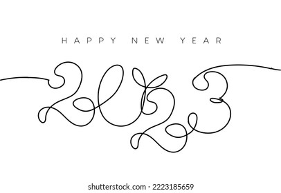 Continuous line drawing of New Year 2023 decorative lettering on white background. Hand drawn single line vector illustration