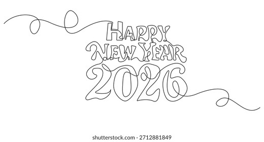 Dibujo de líneas continuas de la tipografía 'Feliz año Nuevo 2026' con remolinos decorativos. Letras festivas de una sola línea adecuadas para saludos de vacaciones, celebración y diseño de temporada.