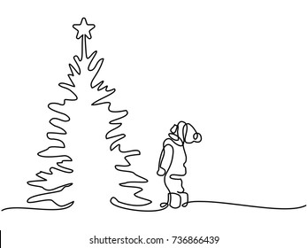 Continuous Line Drawing. New Year Card Boy Looking At Christmas Tree With Star On Top. Vector Illustration Total Editable, Choose Thickness And Place Of Line