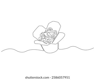 Continuous line drawing of noodle in paper box. Single line illustration of noodle in box. Takeaway food concept. Editable outline
