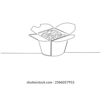 Continuous line drawing of noodle in paper box. Single line illustration of noodle in box. Takeaway food concept. Editable outline