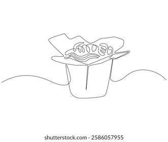 Continuous line drawing of noodle in paper box. Single line illustration of noodle in box. Takeaway food concept. Editable outline