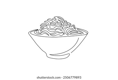 Continuous line drawing of noodles in the bowl. Ramen noodles in simple outline illustration. 