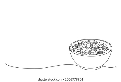 Continuous line drawing of noodles in the bowl. Ramen noodles in simple outline illustration. 