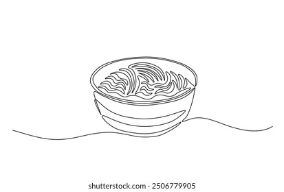 Continuous line drawing of noodles in the bowl. Ramen noodles in simple outline illustration. 