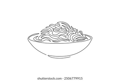 Continuous line drawing of noodles in the bowl. Ramen noodles in simple outline illustration. 