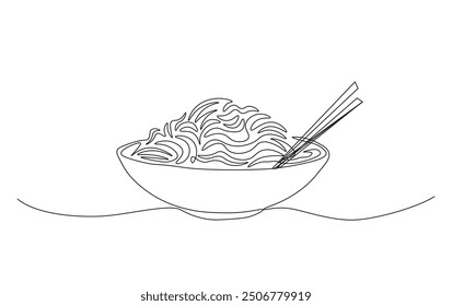 Continuous line drawing of noodles in the bowl with chopsticks. Ramen noodles in simple outline illustration. 