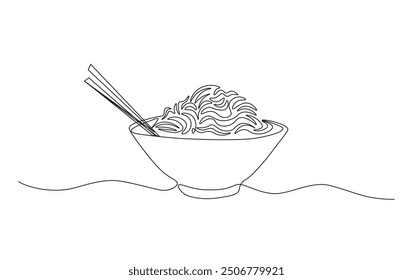 Continuous line drawing of noodles in the bowl with chopsticks. Ramen noodles in simple outline illustration. 