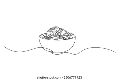 Continuous line drawing of noodles in the bowl. Ramen noodles in simple outline illustration. 