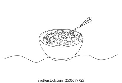 Continuous line drawing of noodles in the bowl with chopsticks. Ramen noodles in simple outline illustration. 