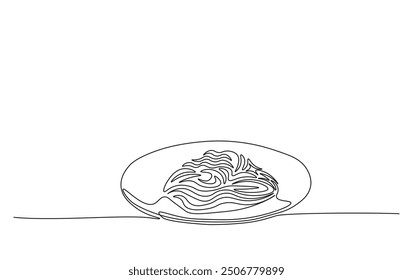 Continuous line drawing of noodles in the plate. spaghetti in simple outline illustration. 