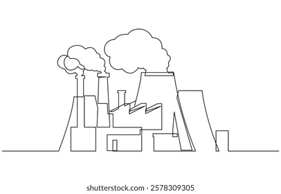 Continuous Line Drawing of Nuclear Power Icon, Continuous one line drawing industrial plant outline. Factory architecture buildings and landmark. Air pollution ecology concept.