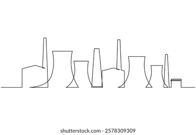 Continuous Line Drawing of Nuclear Power Icon, Continuous one line drawing industrial plant outline. Factory architecture buildings and landmark. Air pollution ecology concept.