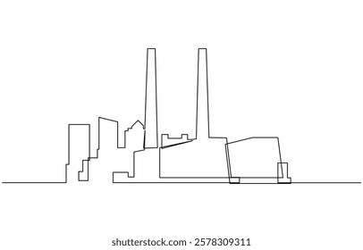 Continuous Line Drawing of Nuclear Power Icon, Continuous one line drawing industrial plant outline. Factory architecture buildings and landmark. Air pollution ecology concept.