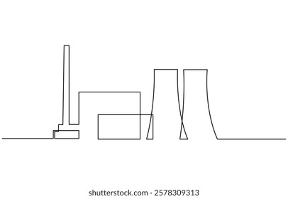 Continuous Line Drawing of Nuclear Power Icon, Continuous one line drawing industrial plant outline. Factory architecture buildings and landmark. Air pollution ecology concept.