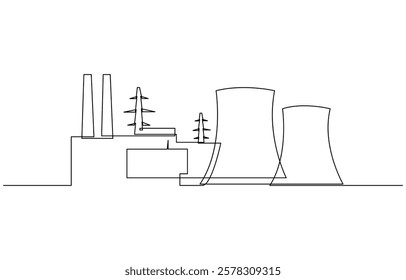 Continuous Line Drawing of Nuclear Power Icon, Continuous one line drawing industrial plant outline. Factory architecture buildings and landmark. Air pollution ecology concept.