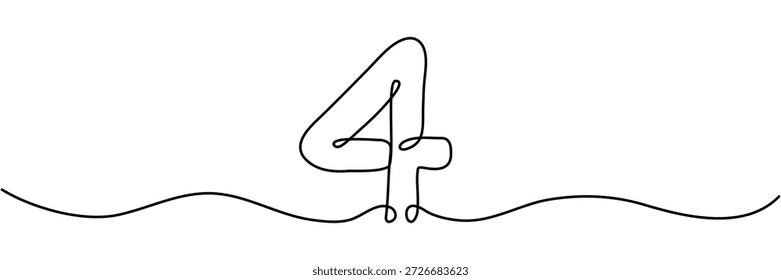 Dibujo de línea continua número cuatro en elegante estilo de un solo trazo. Símbolo matemático dibujado a mano. Ideal para materiales educativos modernos y Diseño gráfico minimalista. Ilustración vectorial aislada.