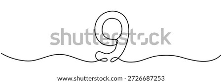 Continuous line drawing of number nine in hand drawn style. Single unbroken outline sketch perfect for minimalist mathematical illustrations. Vector illustration isolated on white.