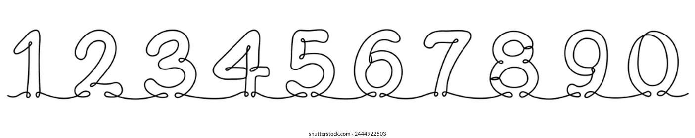 Continuous line drawing numbers set. Arabic linear numerals symbols. Counting signs collection. Vector illustration isolated on white background.