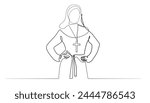 continuous line drawing of nun.single line vector of holy woman ,woman servant of god.one line drawing of nun putting hands on waist .isolated white background