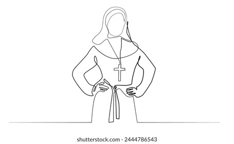 línea continua dibujo de monja. línea única Vector de mujer santa, mujer sirvienta de dios. una línea dibujo de monja poniendo las manos en la cintura. fondo blanco aislado