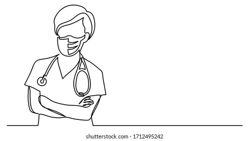 Continuous Line Drawing Of Nurse In Protective Mask With Stethoscope