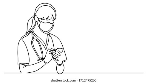 continuous line drawing of nurse in protective mask and gloves checking her mobile phone