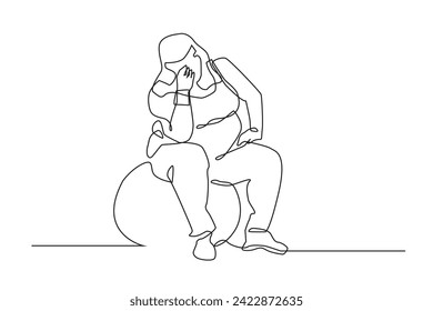 continuous line drawing of obese woman.single line vector obese woman pensive sad.line art failed diet obese woman.isolated white background