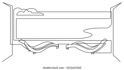 Continuous Line Drawing Of Ocean View Hotel Patio With Lounge Chaises