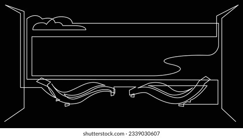 continuous line drawing of ocean view hotel patio with lounge chaises