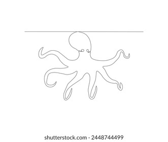 Continuous line drawing of octopus. One line of cephalopod. Marine animal concept continuous line art. Editable outline.
