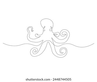 Continuous line drawing of octopus. One line of cephalopod. Marine animal concept continuous line art. Editable outline.
