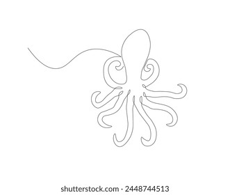 Continuous line drawing of octopus. One line of cephalopod. Marine animal concept continuous line art. Editable outline.
